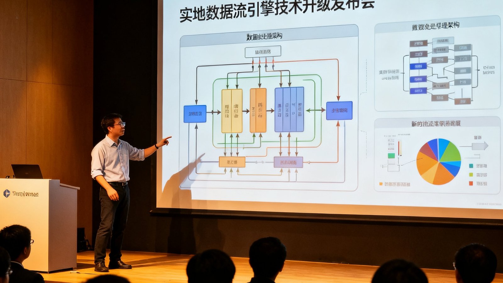 实时数据流引擎技术升级发布会现场照片，工程师正在大屏幕前演示新的数据处理架构