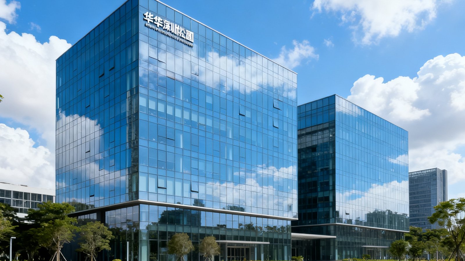 华体会深圳总部现代化办公楼外景，蓝天白云映衬下的玻璃幕墙建筑，楼前绿化整洁有序