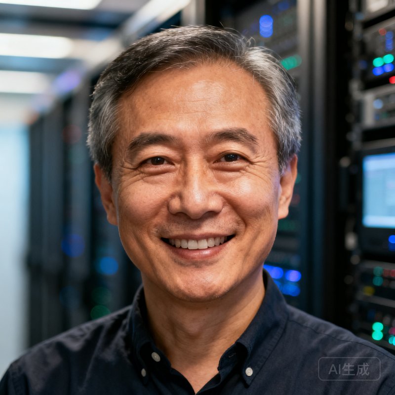 资深数据科学家张明远穿着深色衬衫面带微笑的正面肖像，背景为模糊的数据中心场景
