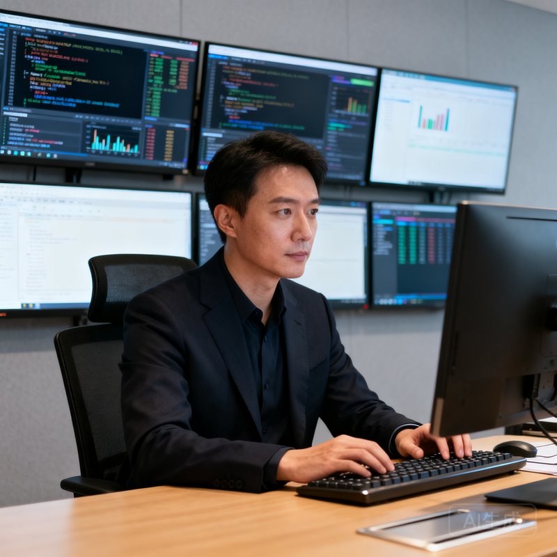 前端技术总监李思涵在办公室中专注工作的半身肖像，身后墙上挂着多块显示数据界面的屏幕